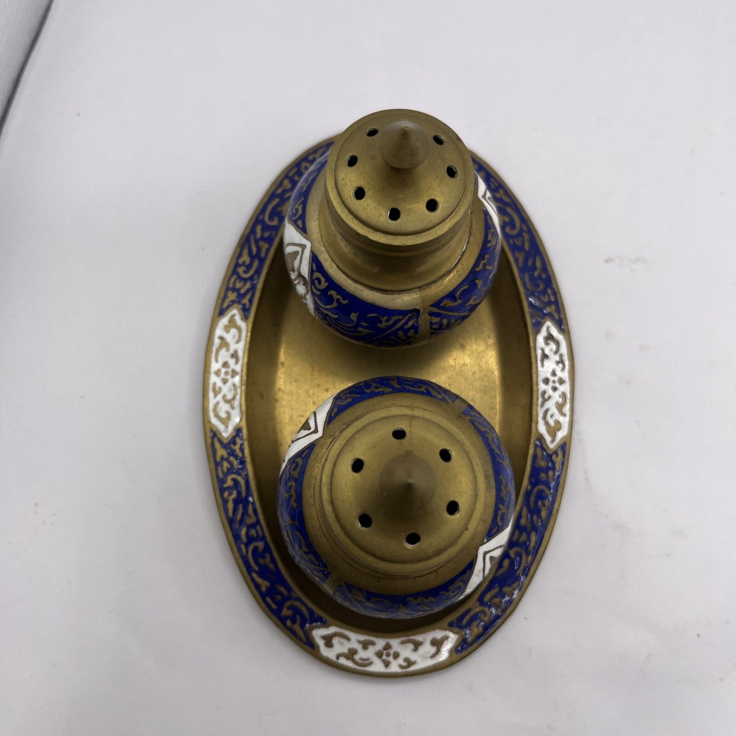 Vintage Brass Blue Enamel Salt Pepper Shakers Holder Tray set used