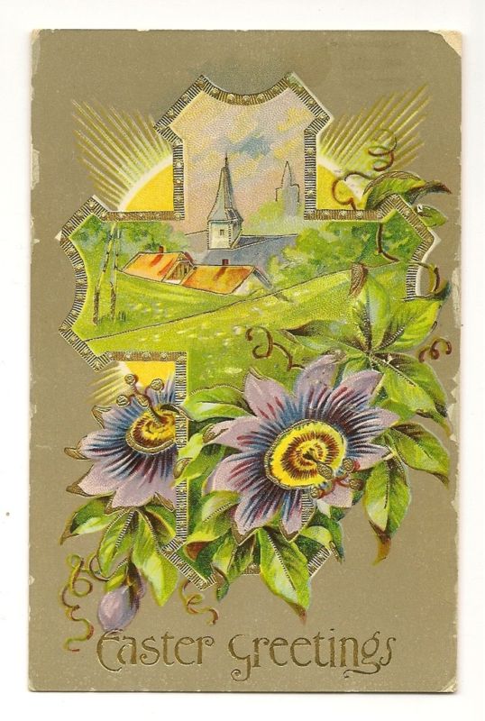 Easter Scenic Cross Flowers Gold gilt gel postcard
