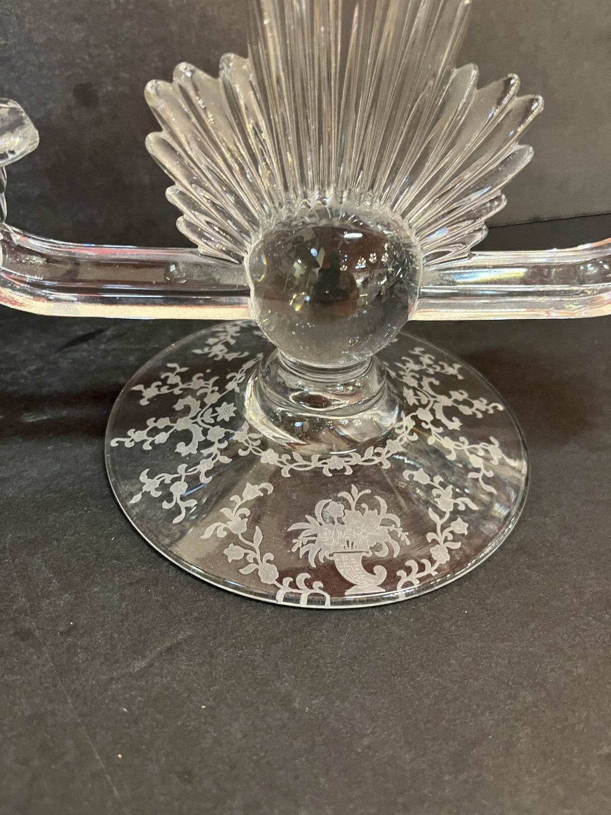 VTG art deco FOSTORIA double flame lido CRYSTAL Candleholder w/etched base (2)