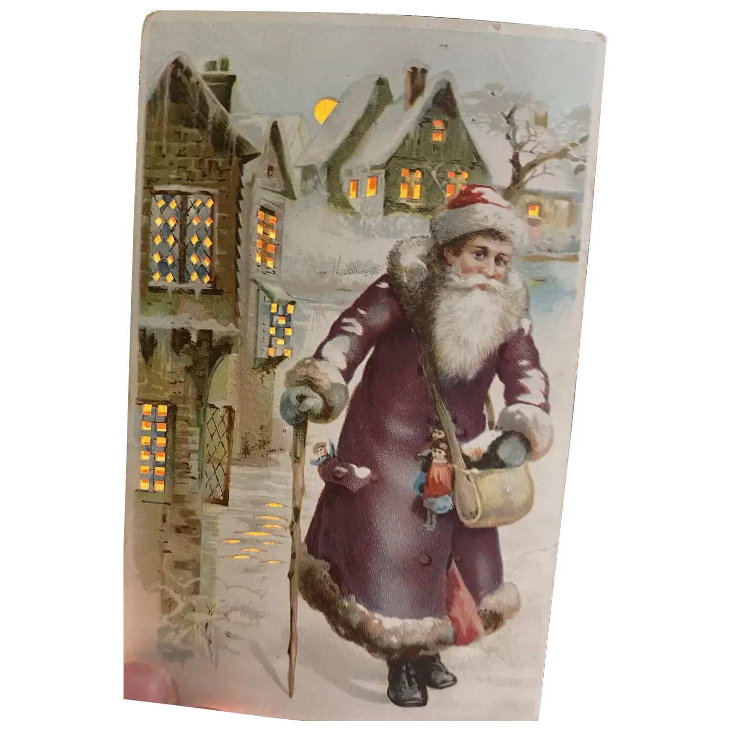EARLY Rare Hold To The Light Santa Claus vintage Christmas Postcard HTL PURPLE