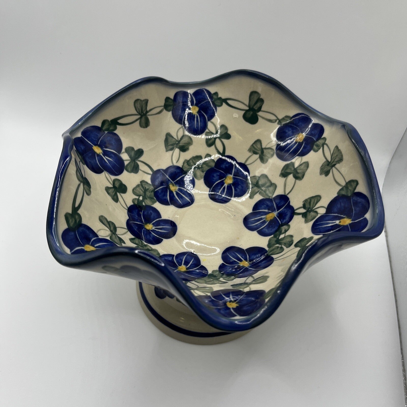 Polish Pottery Bowl With Pedestal Unikat Hand Painted Fluted Fruit Candy Dish