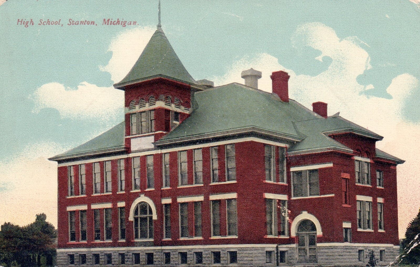 High School Building in Stanton Michigan Mich Mi Vintage Postcard