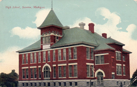 High School Building in Stanton Michigan Mich Mi Vintage Postcard