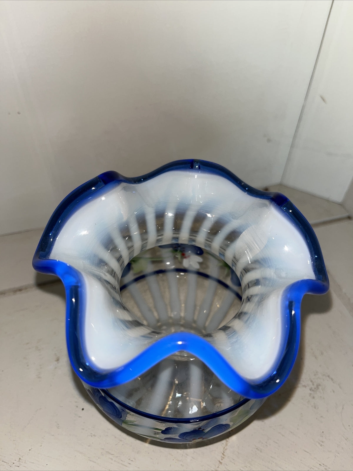 Fenton Spiral Optic Opalescent Glass Blue Crest Hand Painted Floral 4 1/2" Vase