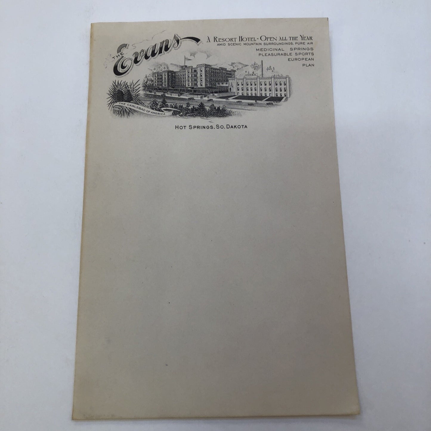 Hot Springs South Dakota The Evans Resort Hotel  Stationery 10 Sheets