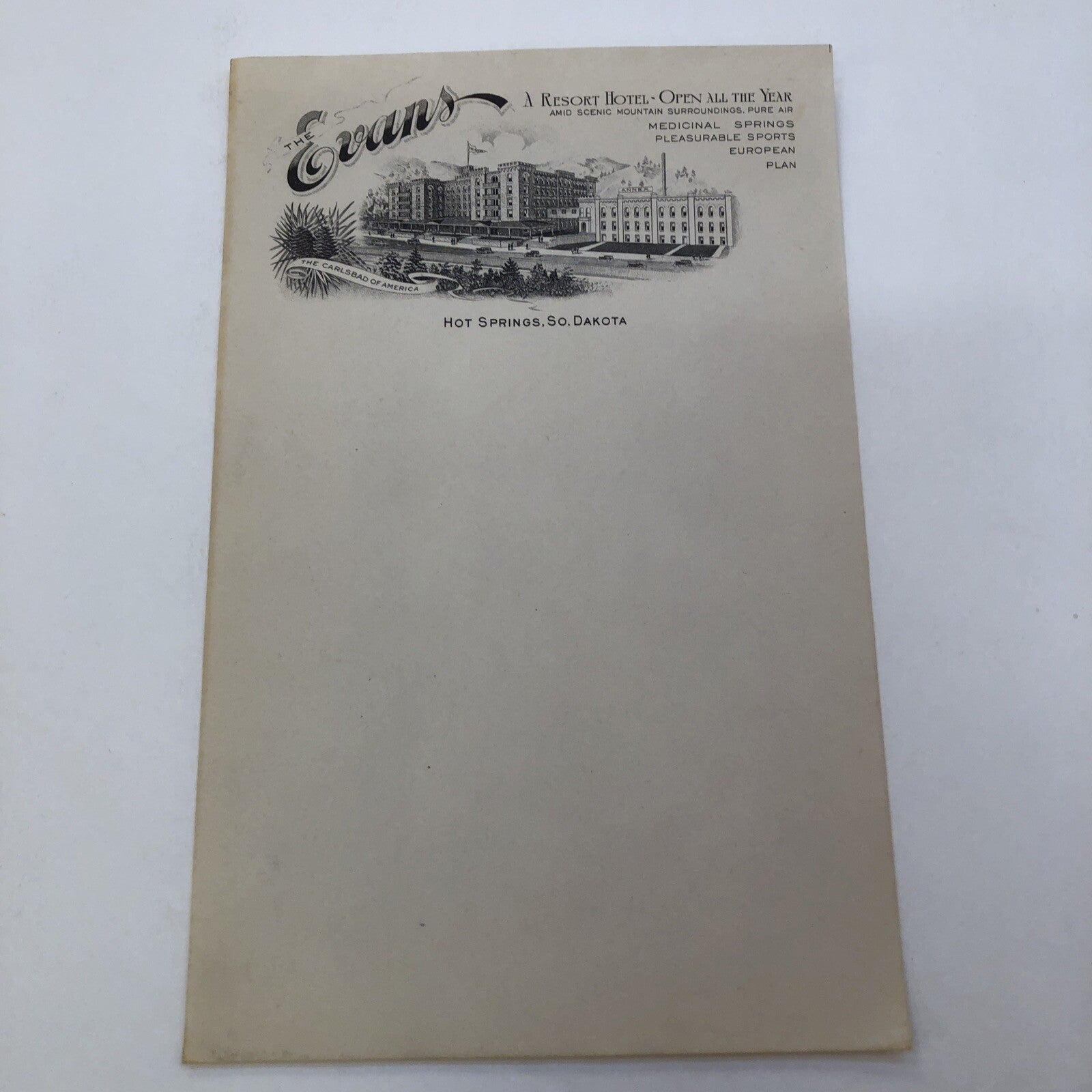 Hot Springs South Dakota The Evans Resort Hotel  Stationery 10 Sheets