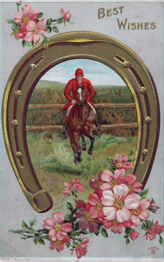 P. Sanders Equestrian Horseshoe and Horse Floral Flower Postcard