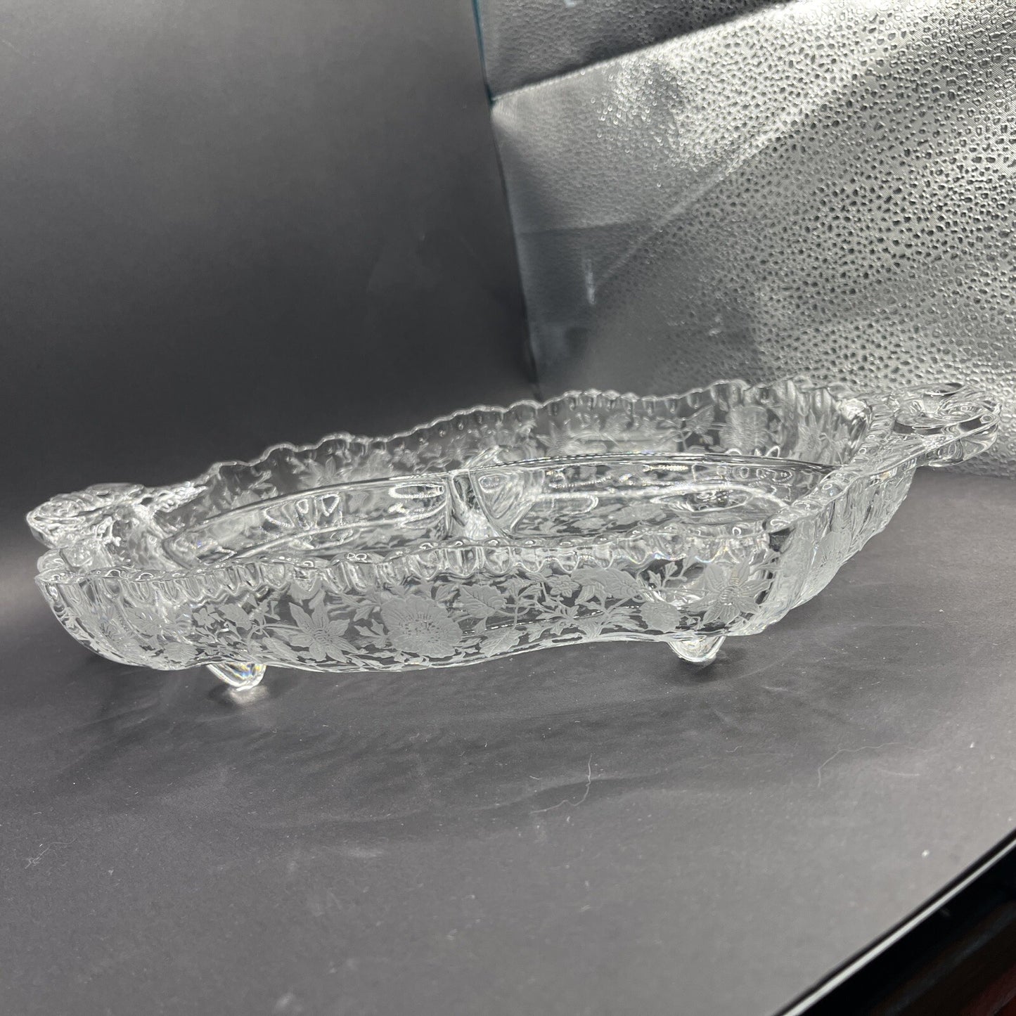 Cambridge Glass Clear 4 Toed 3 Part Relish Dish WILDFLOWER Etched