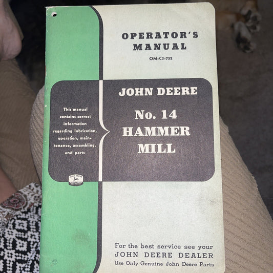 Vtg John Deere No. 14 Hammer Mill, OM-C3-752 Operator's Manual