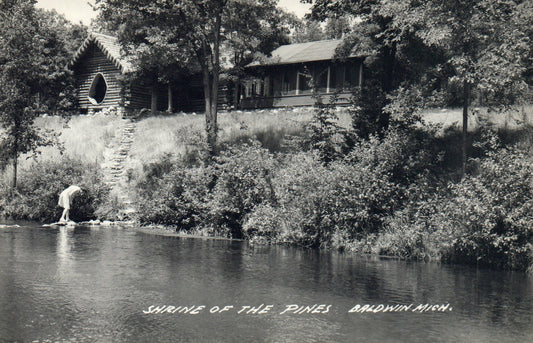 Real Photo Shrine of the Pines Baldwin Mich MI Michigan Postcard log cabin