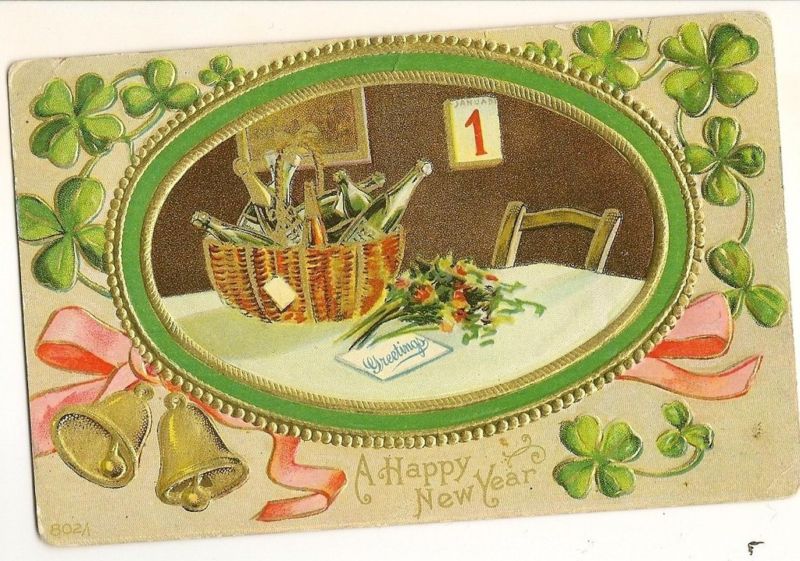 Four Leaf Clovers Oval inset Basket of Bottles New Years Holiday Postcard 802/1
