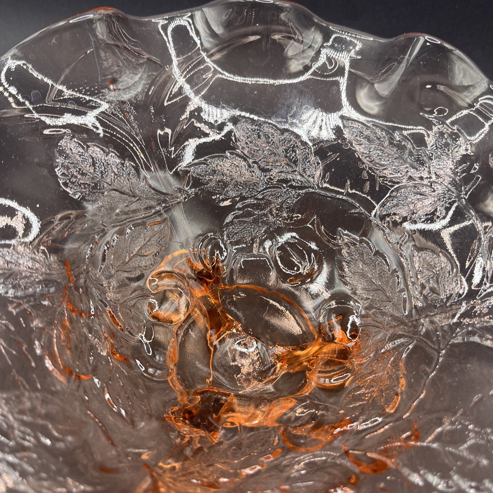 Pink Depression Glass Candy Serving Bowl Footed Cherries Leaves Ruffled Edge