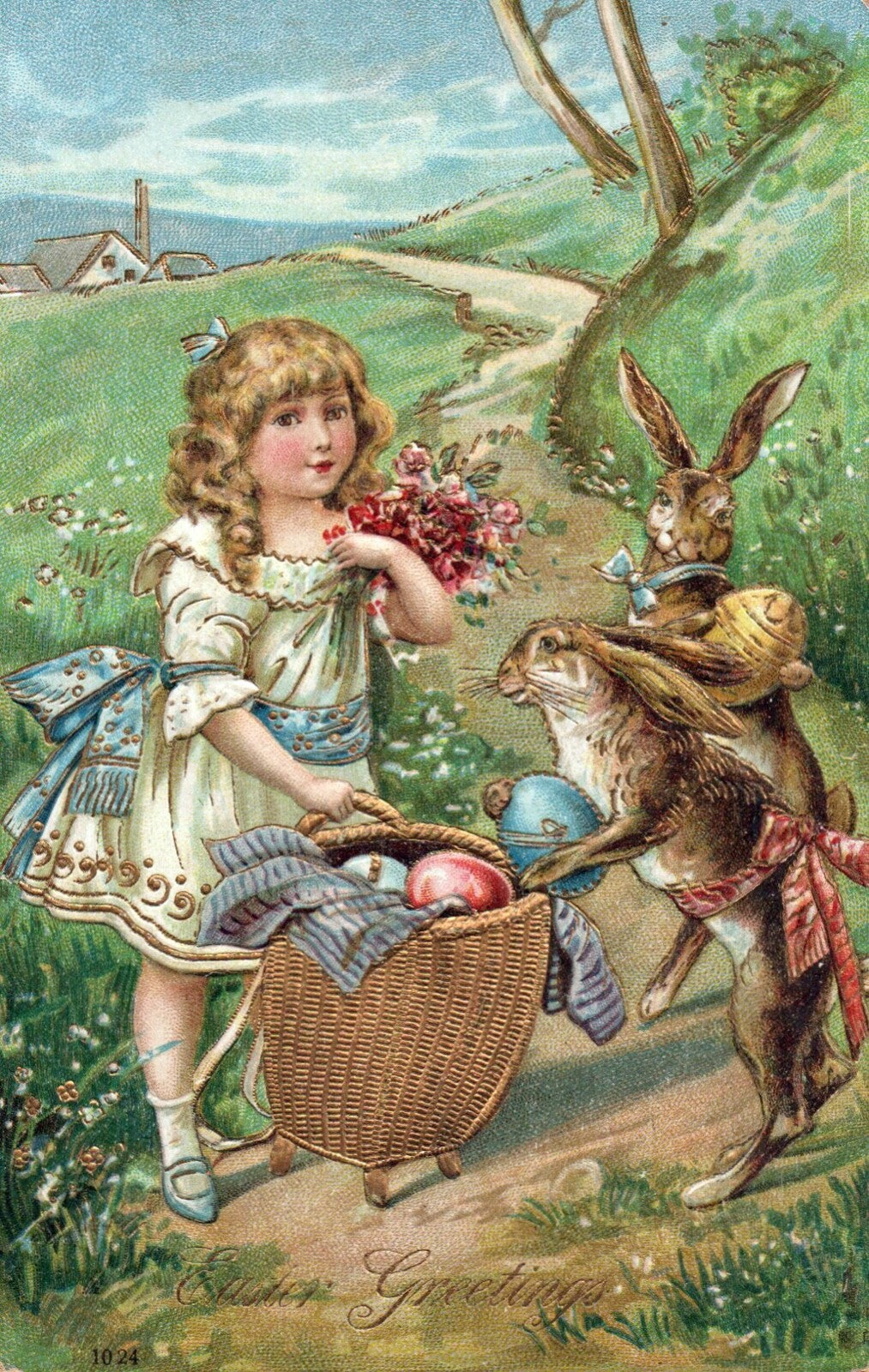 Rabbits Helping Little Girl Collect Easter Egg Gold Gilt Vintage Easter Postcard