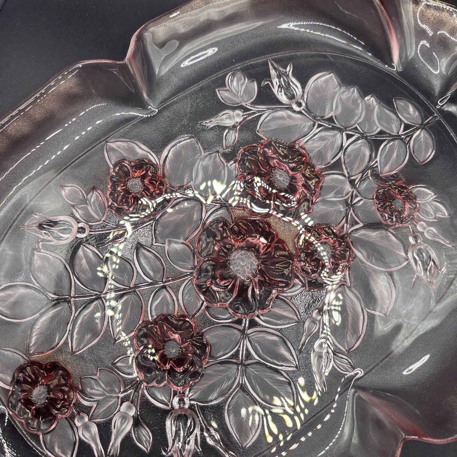 BEAUTIFUL VTG 80'S Sturdy Mikasa ROSELLA  Crystal Platter Dish Frosted Pink Rose