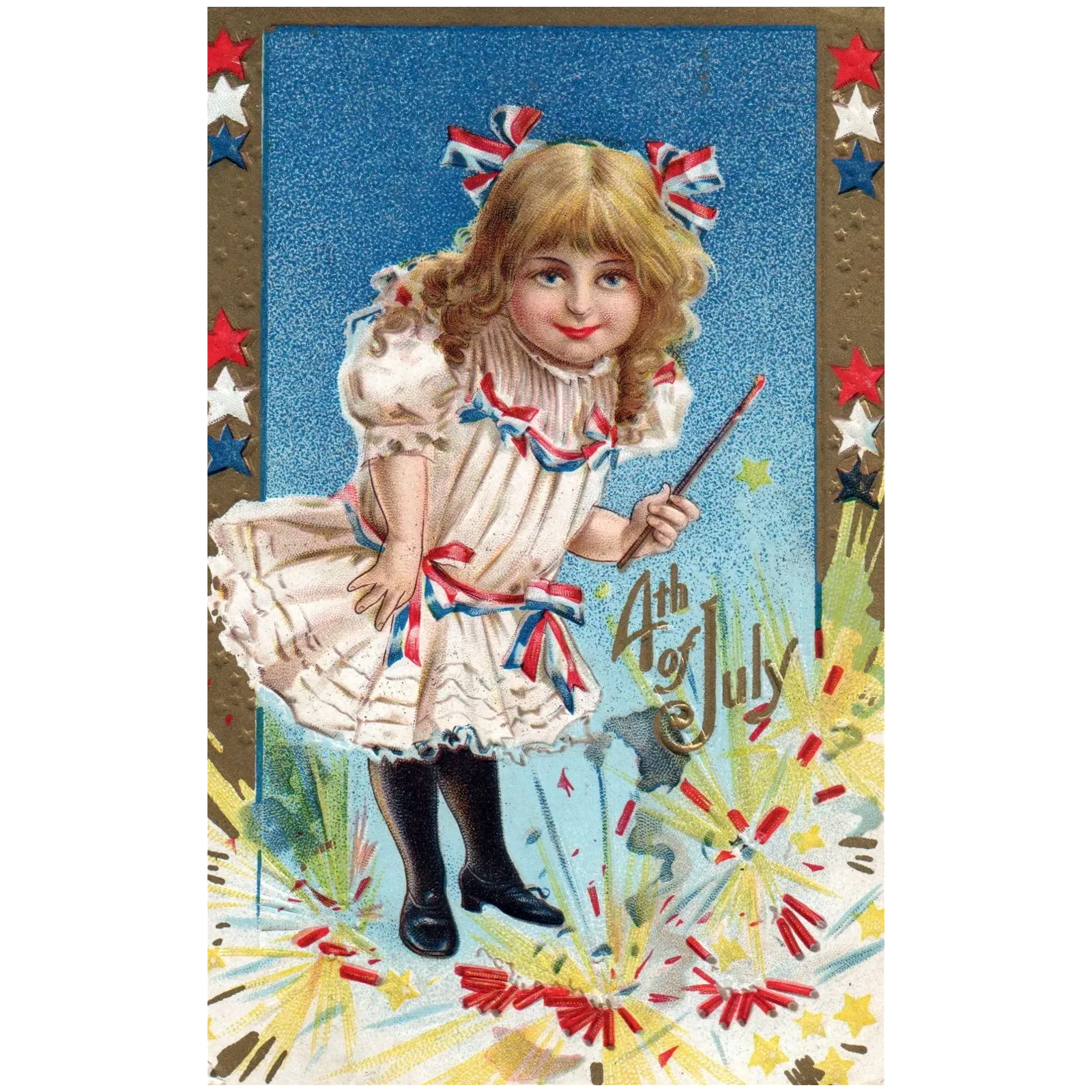 Fourth of July Little Girl Holding Sparkler with Firecrackers Patriotic Postcard