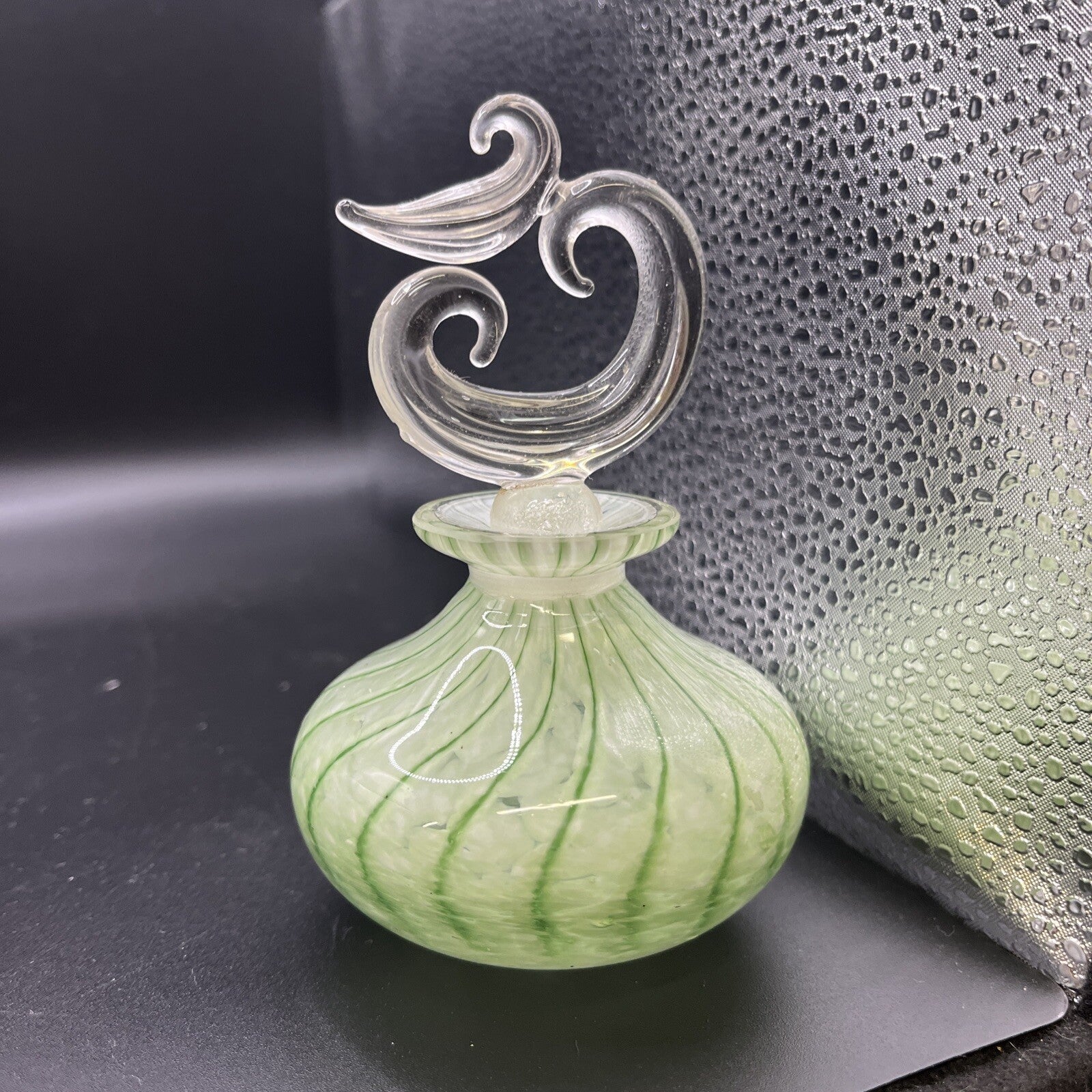 Art Glass Satin Blown Swirl Drape Motif Perfume Bottle Green Clear Stopper Vtg