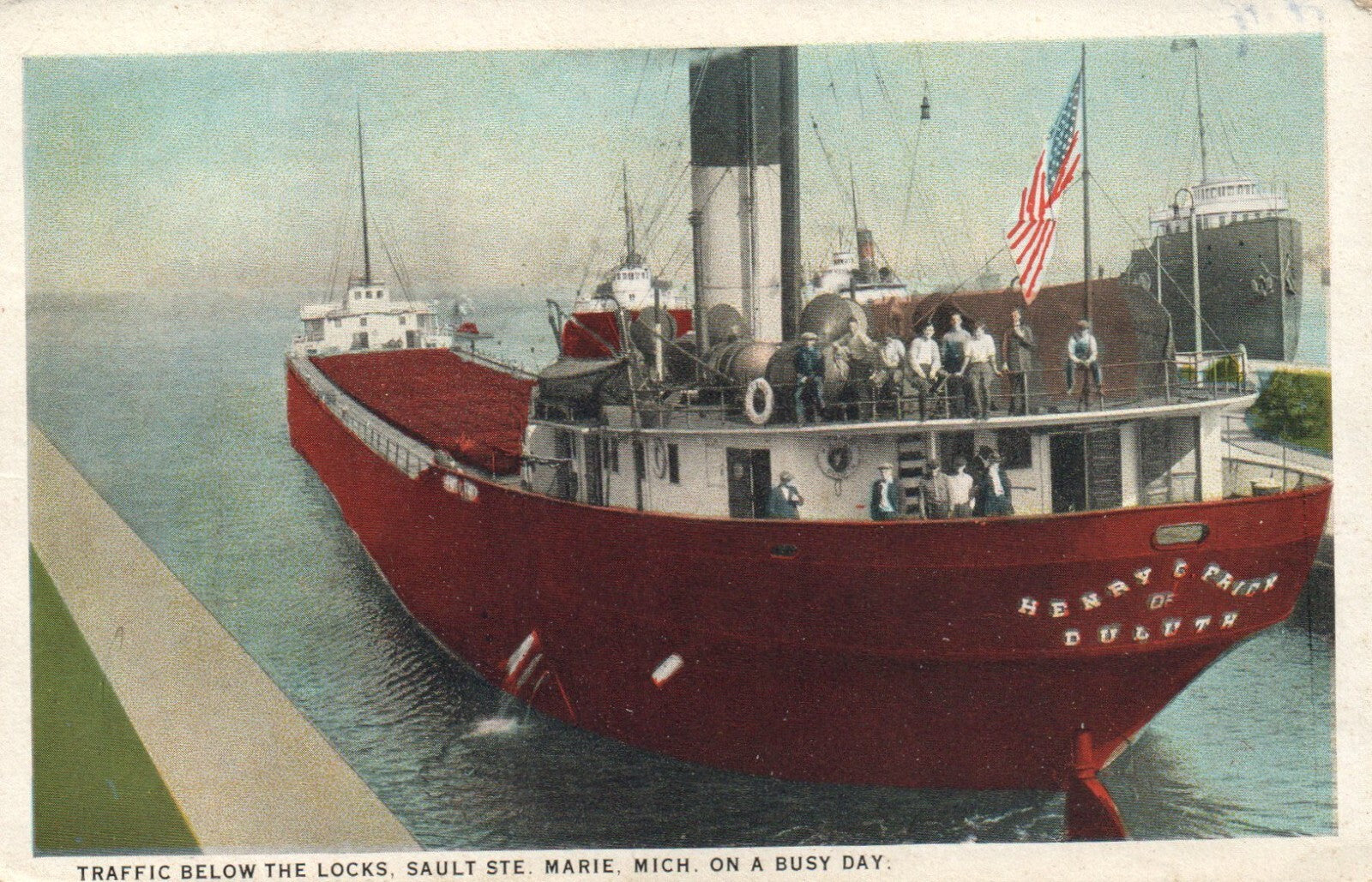 Traffic Below The Locks, Sault St Marie On A Busy Day MI Michigan Mich Postcard