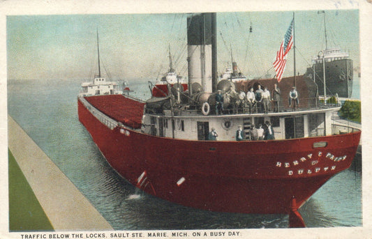 Traffic Below The Locks, Sault St Marie On A Busy Day MI Michigan Mich Postcard