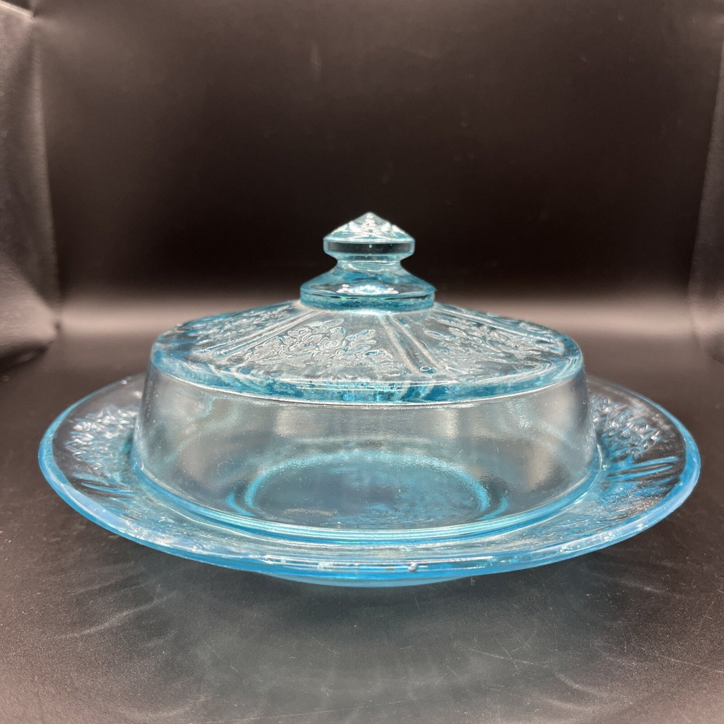 Federal Glass CABBAGE ROSE Sharon BLUE or AQUA BUTTER or CHEESE DISH with Cover
