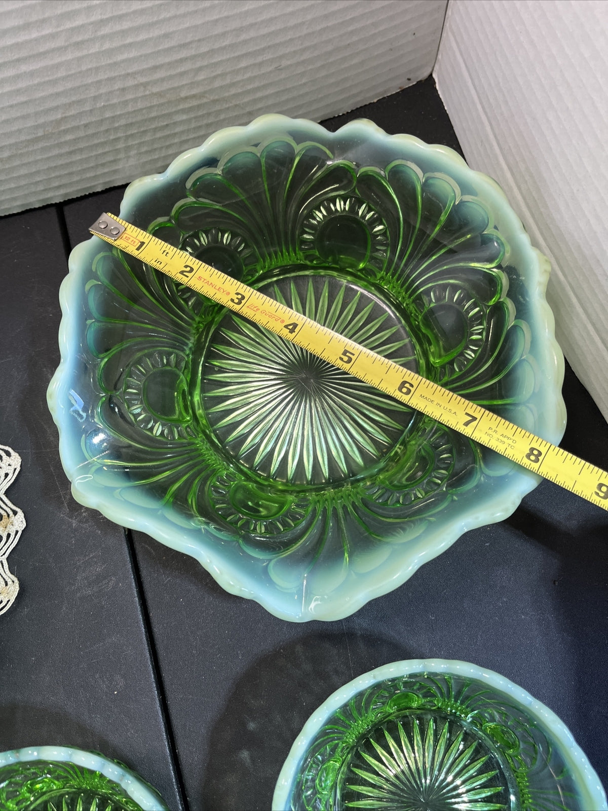 Antique Jefferson Glass 1907 Tokyo Green Opalescent Large, Med & 5 Small Bowls