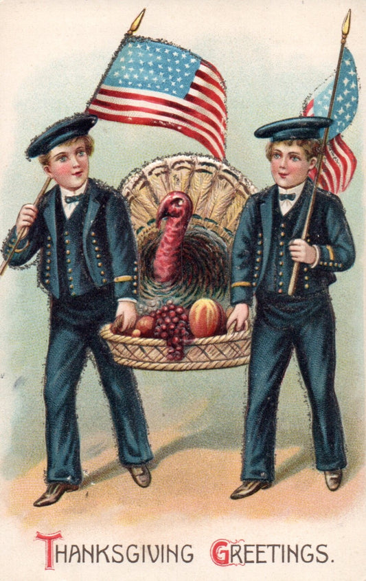Thanksgiving Greetings Boys w/ American Flags Patriotic Thanksgiving Postcard