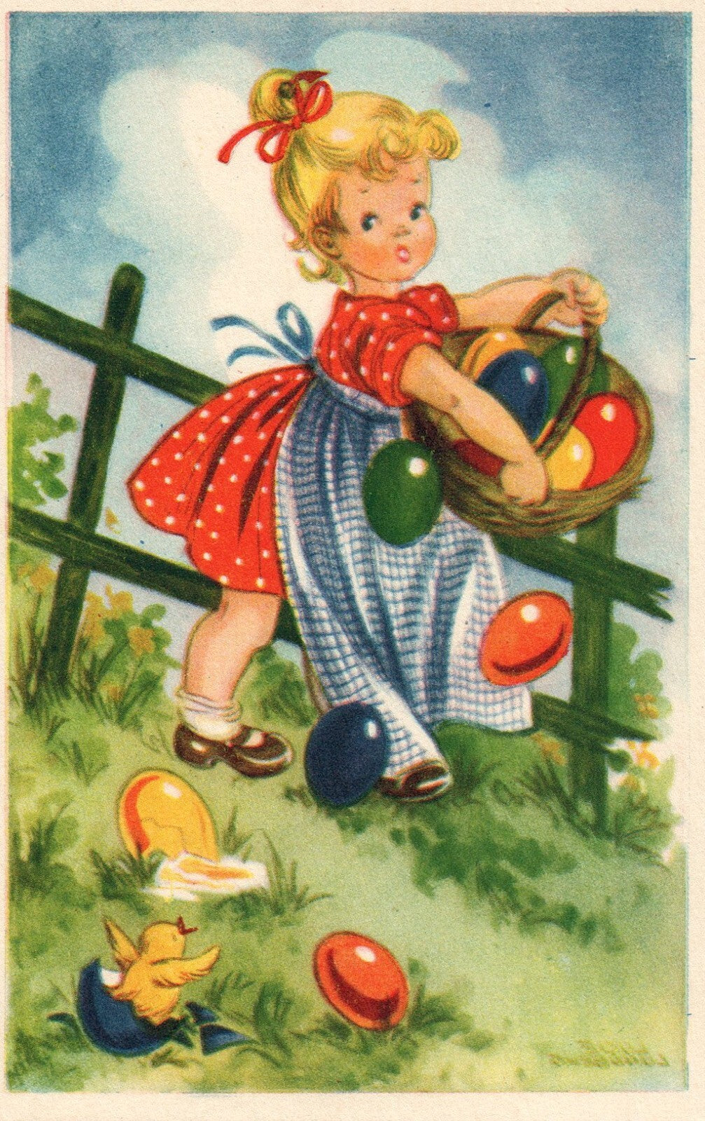 Glad Pask  J Swedin Sweden Artist Girl Chick Colored Eggs Easter