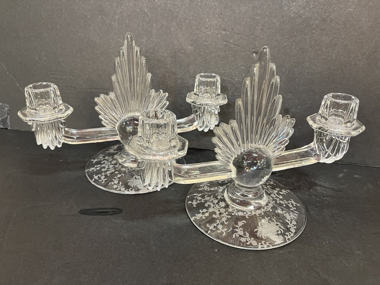 VTG art deco FOSTORIA double flame lido CRYSTAL Candleholder w/etched base (2)