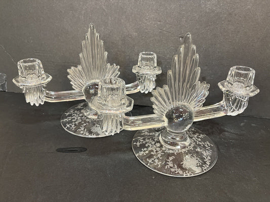 VTG art deco FOSTORIA double flame lido CRYSTAL Candleholder w/etched base (2)