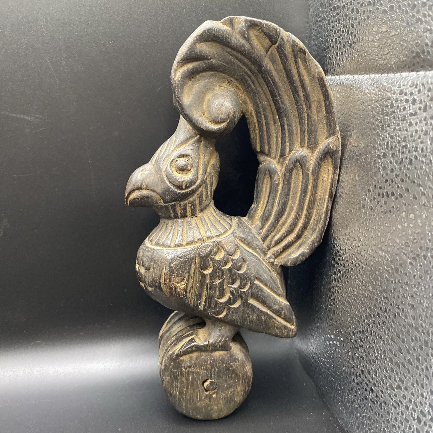 8" Antique Primitive Carved Wood Weaving Loom Pulley  Burmese Burma Bird