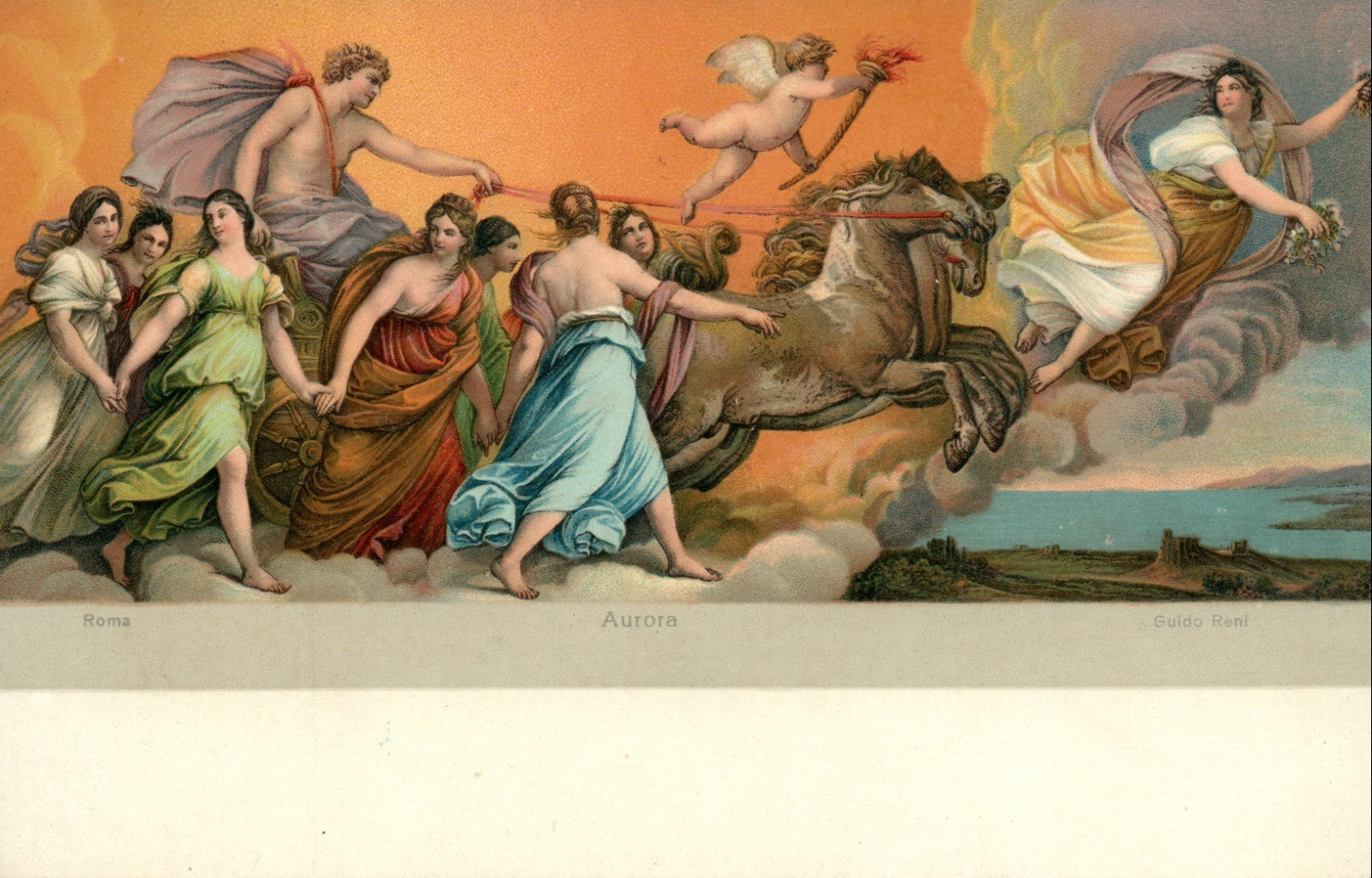 Roma Aurora Guido Reni Horses Angels Marching Religious Postcard