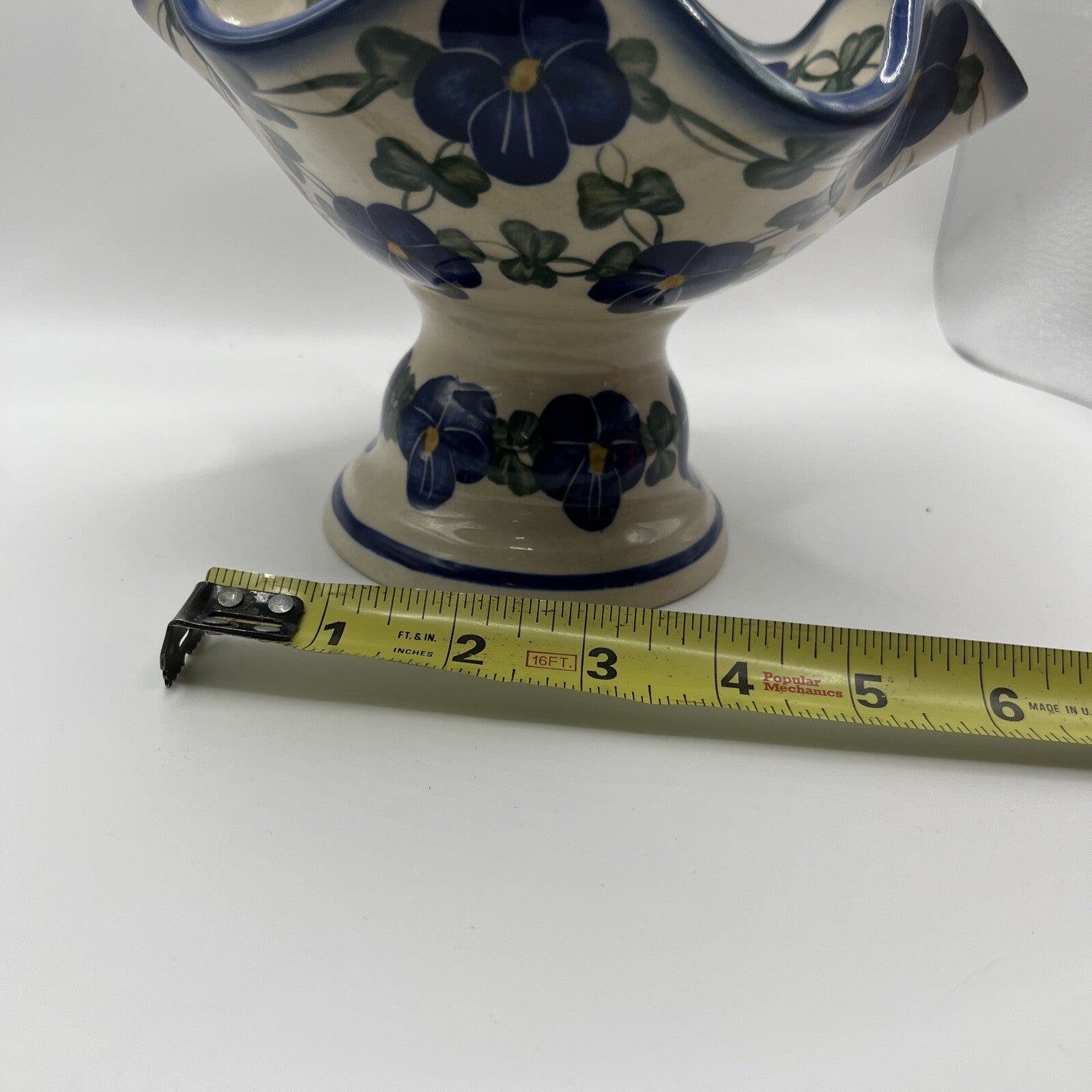 Polish Pottery Bowl With Pedestal Unikat Hand Painted Fluted Fruit Candy Dish