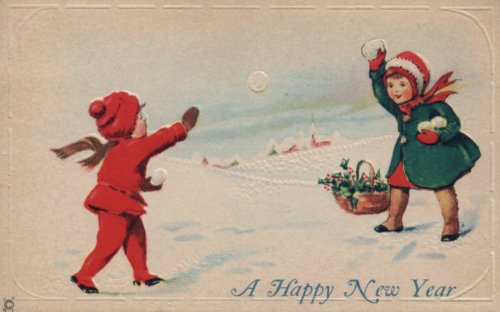 A Happy New Year Children Having a Snowball Fight Vintage New Year Postcard