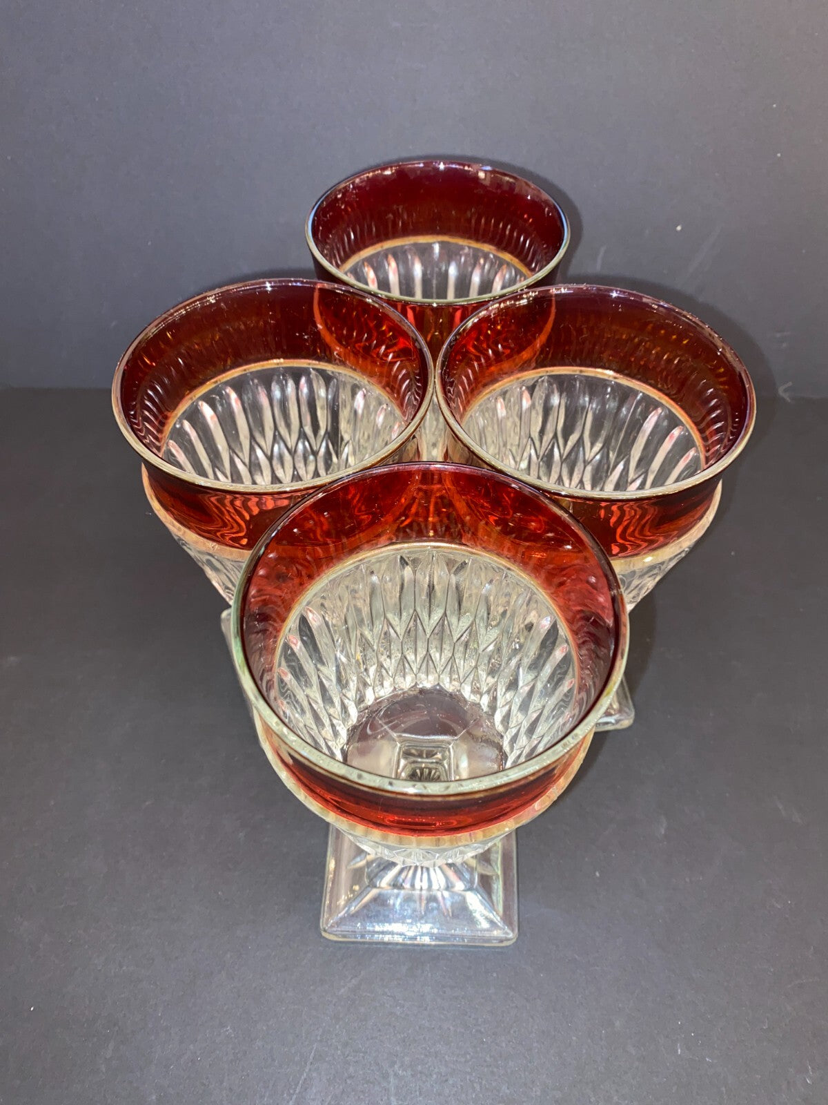 Vintage  Ruby Red Rimmed Set Of 4 Goblet Clear Cut Glass Square Base