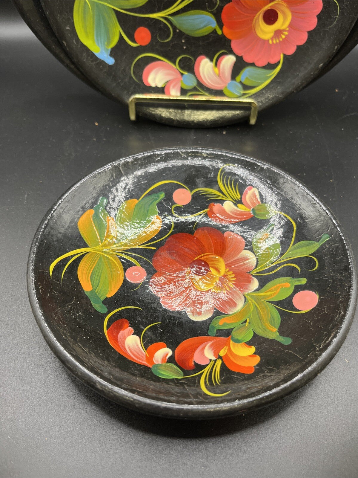 Vintage Wooden Hand Painted Floral Wall Plate Made In USSR Set Of 4