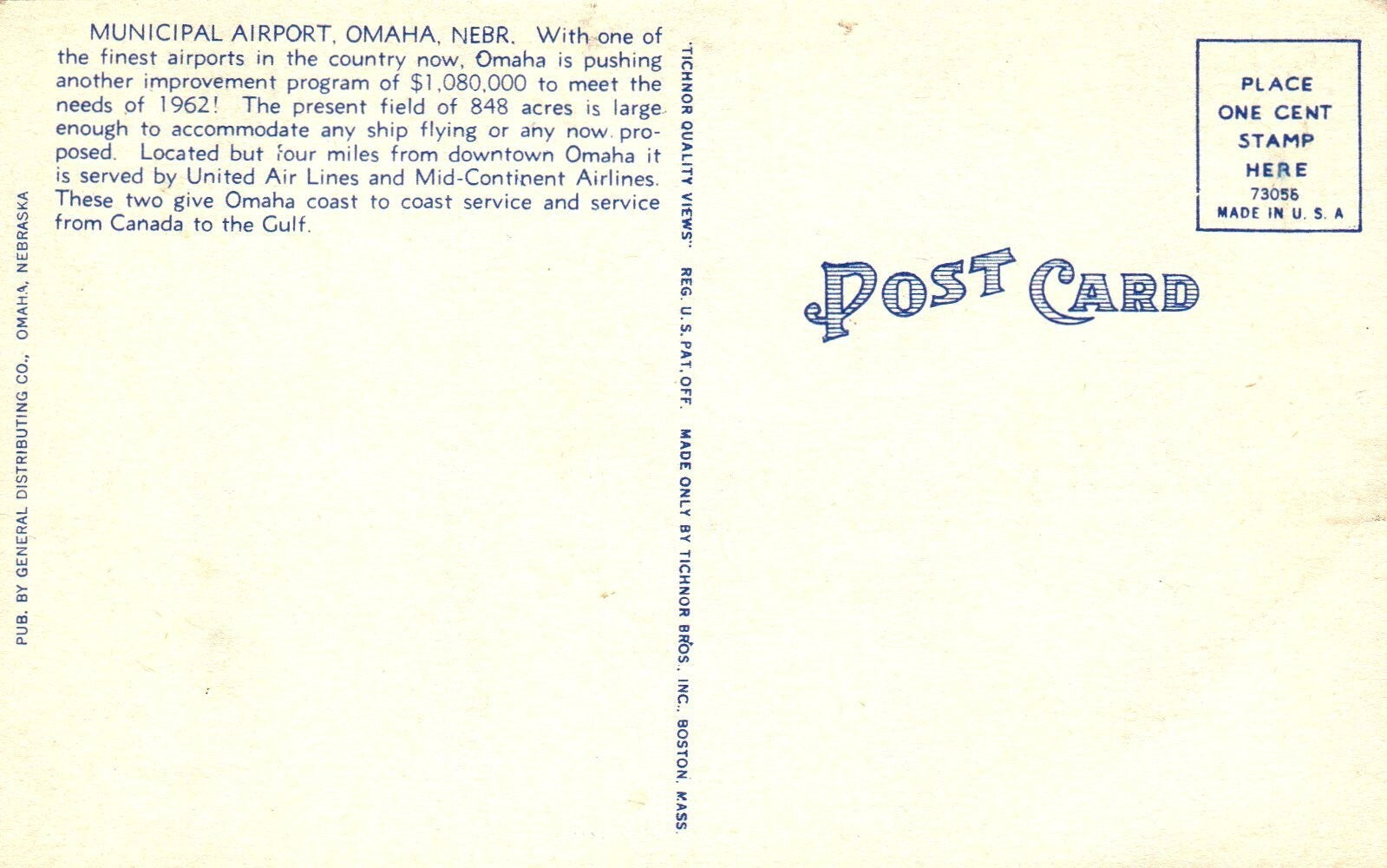 New Municipal Airport, Omaha Nebraska Airplane Postcard