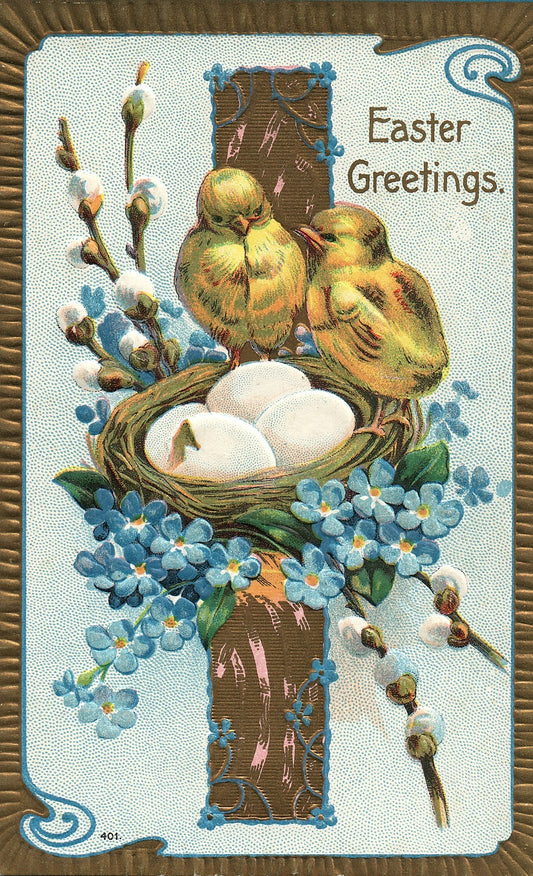 Chick Egg Nest Forget Me Nots Easter Chick Postcard