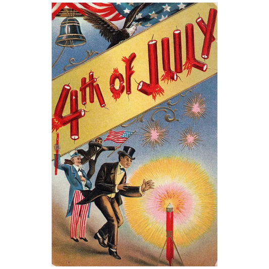 July 4th Uncle Sam, Liberty Bell, Bald Eagle & Fireworks Vintage Postcard