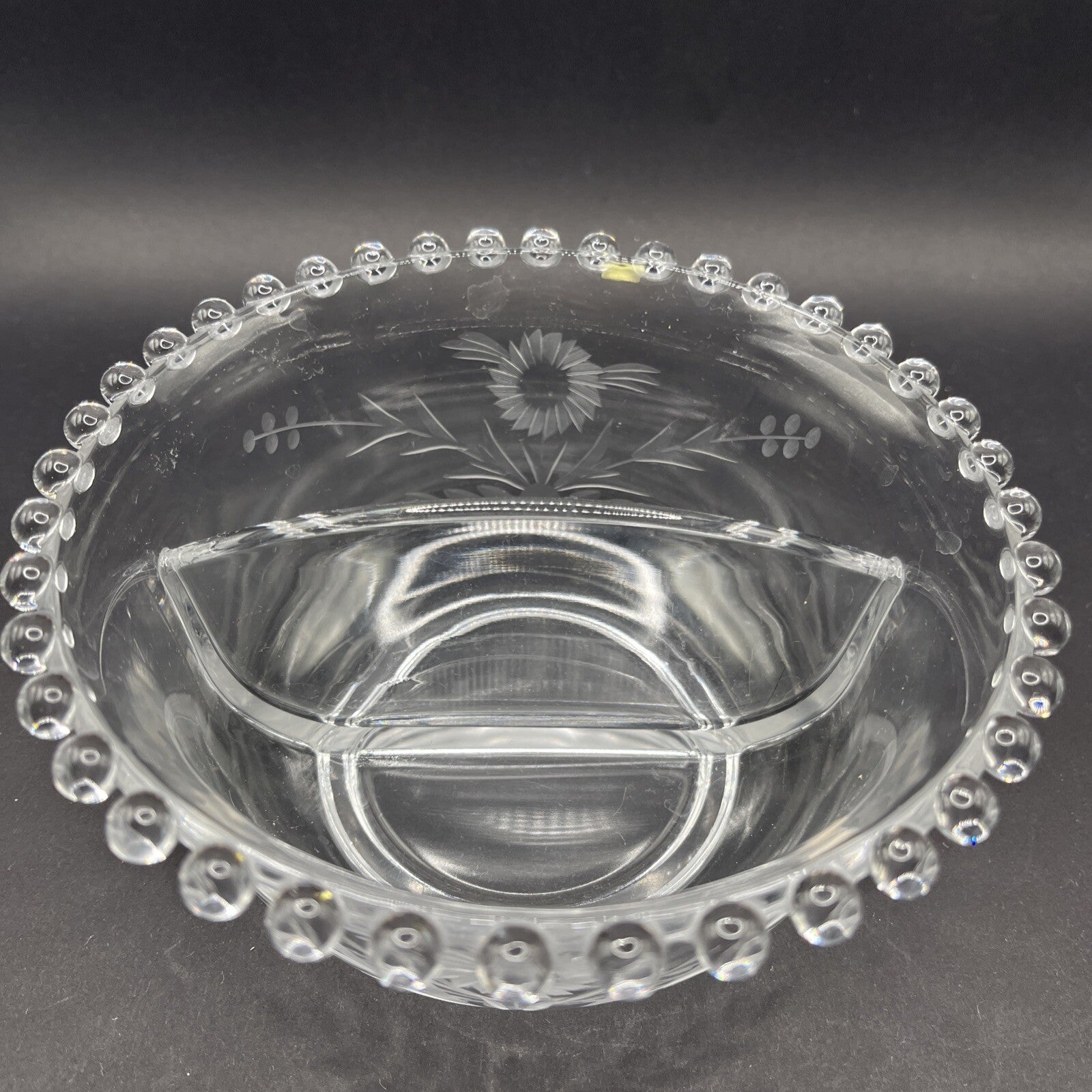 Imperial Candlewick Elegant Glass FLORAL ETCHED DIVIDED BOWL 3 1/2" T, 6 1/2" W