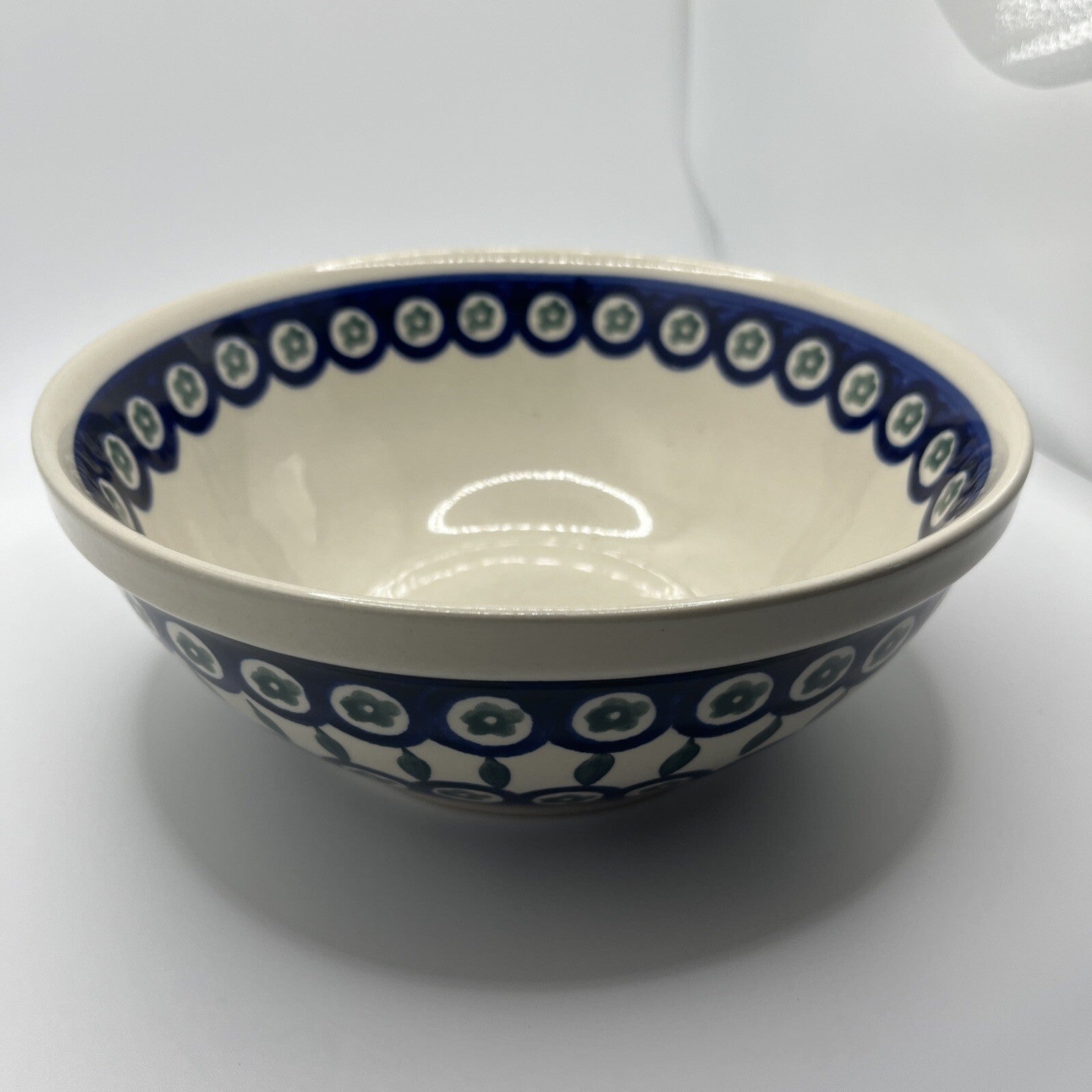 Boleslawiec Pottery Round Bowl Handmade in Poland Blue White 8”