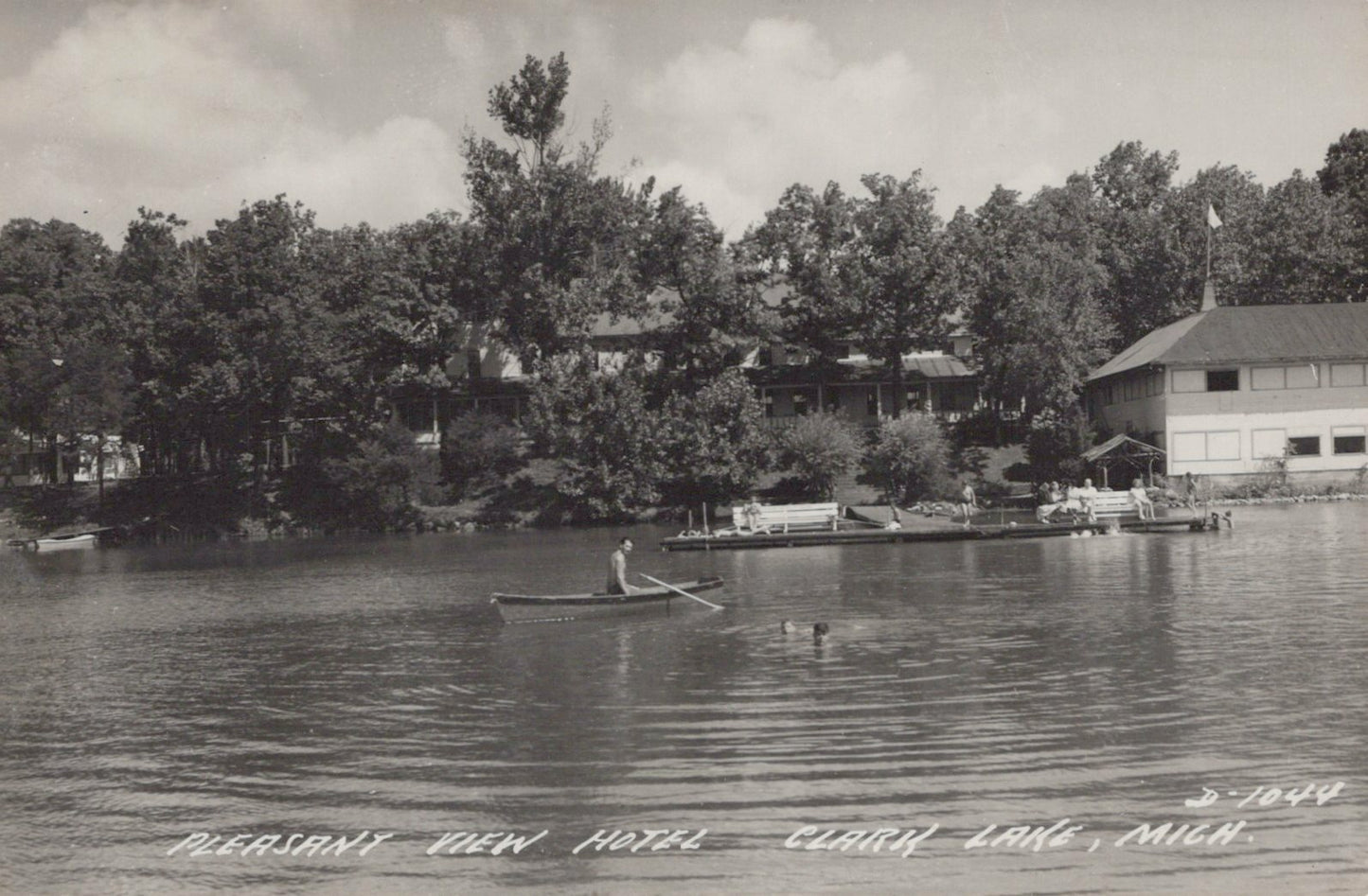 Real Photo Pleasant View Hotel Clark Lake canoe swimmers Michigan MI Mich D-1044