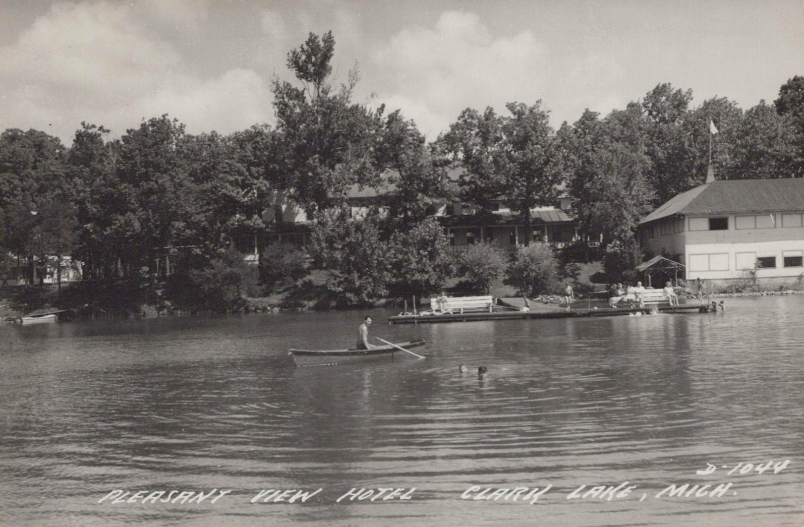 Real Photo Pleasant View Hotel Clark Lake canoe swimmers Michigan MI Mich D-1044