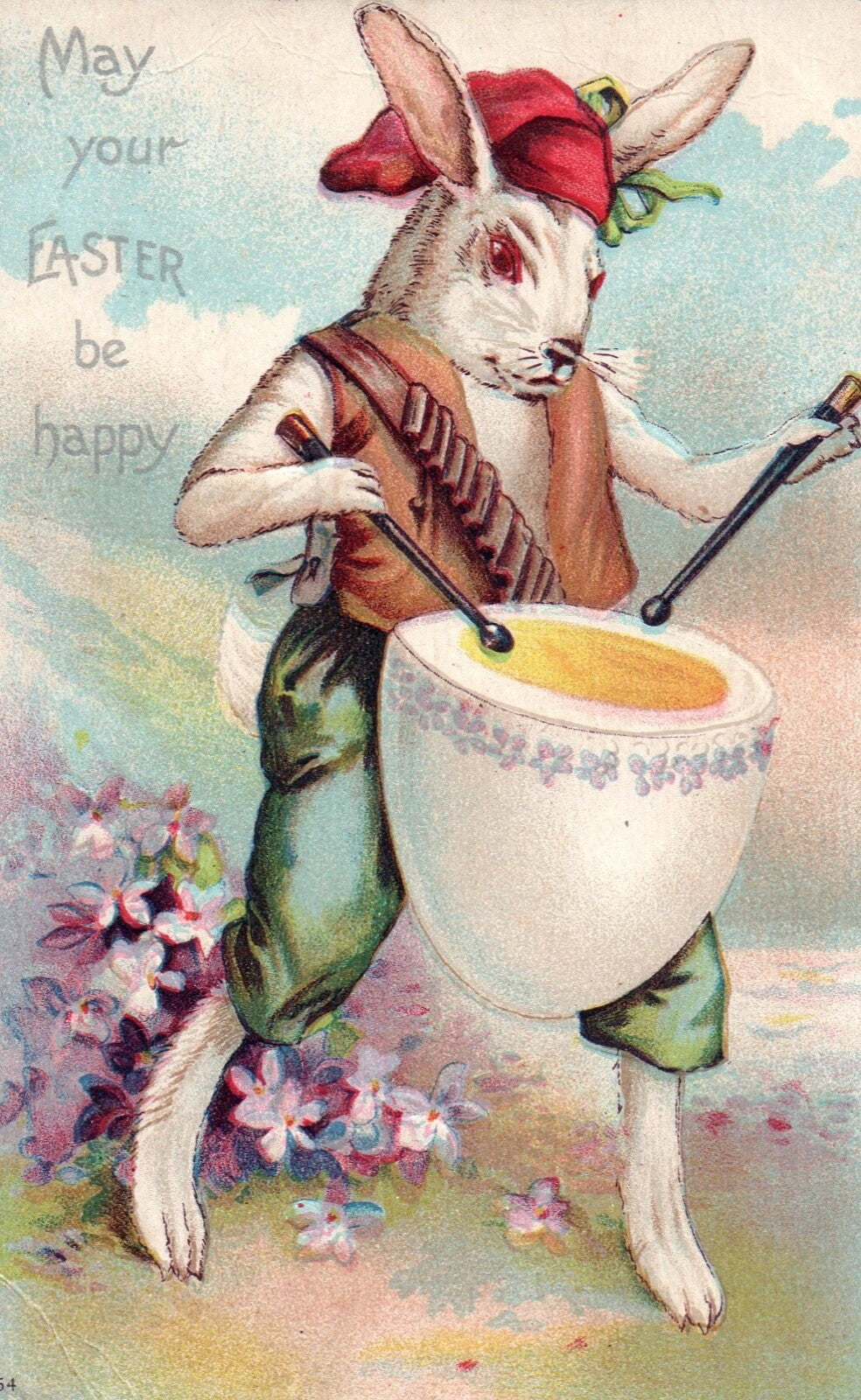 May Your Easter Be Happy Easter Rabbit With Egg Drum Vintage Easter Postcard