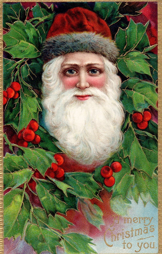 Red Hooded Santa w/ Holly A Merry Christmas to You Vintage Gloss Santa Postcard