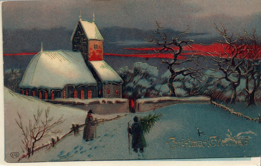 Early Sunset Christmas Church scene Postcard Gold Gilt embossing