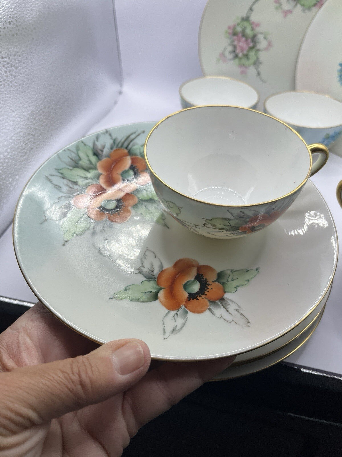 Vintage 6 Nippon 2 Piece Set Sandwich Plate & Cup W/Gold Trim And Flowers