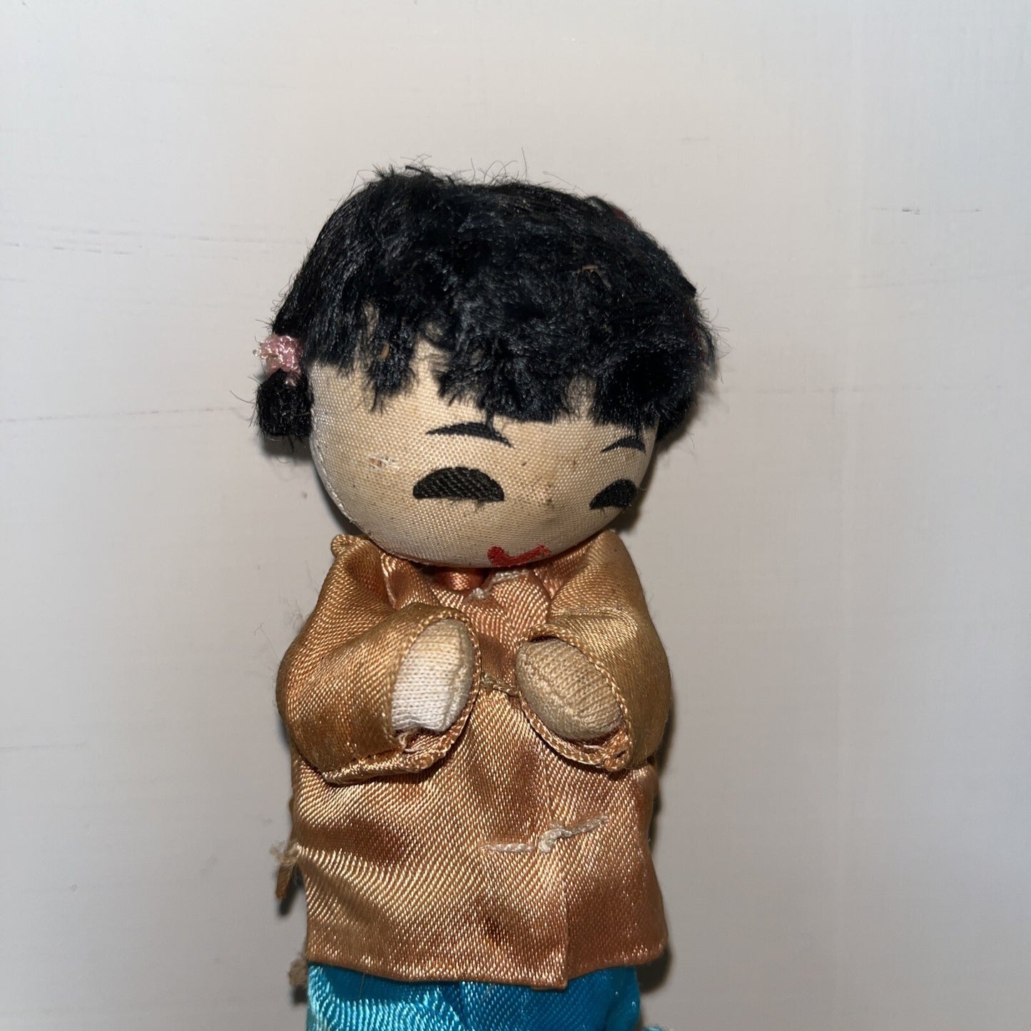 Vintage Asian Chinese Traditional Cloth Doll 6” Silk Hand Painted Black