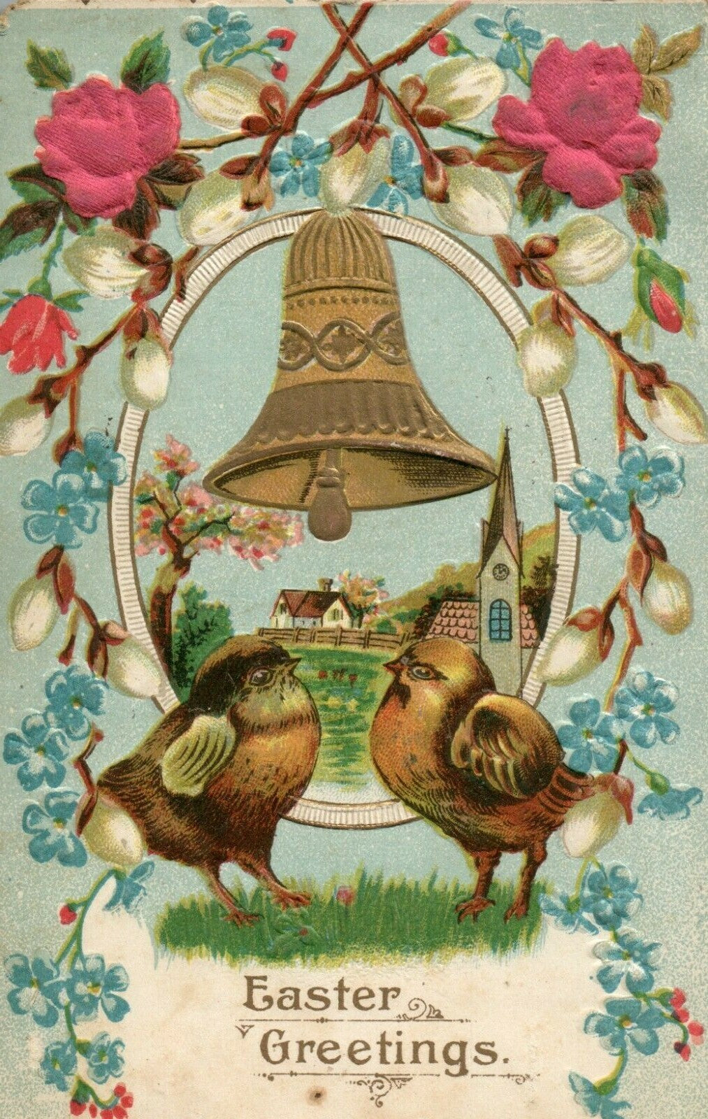 1908 Easter Greetings Bell Chicks Pussy Willows Silk Flower Vintage Postcard
