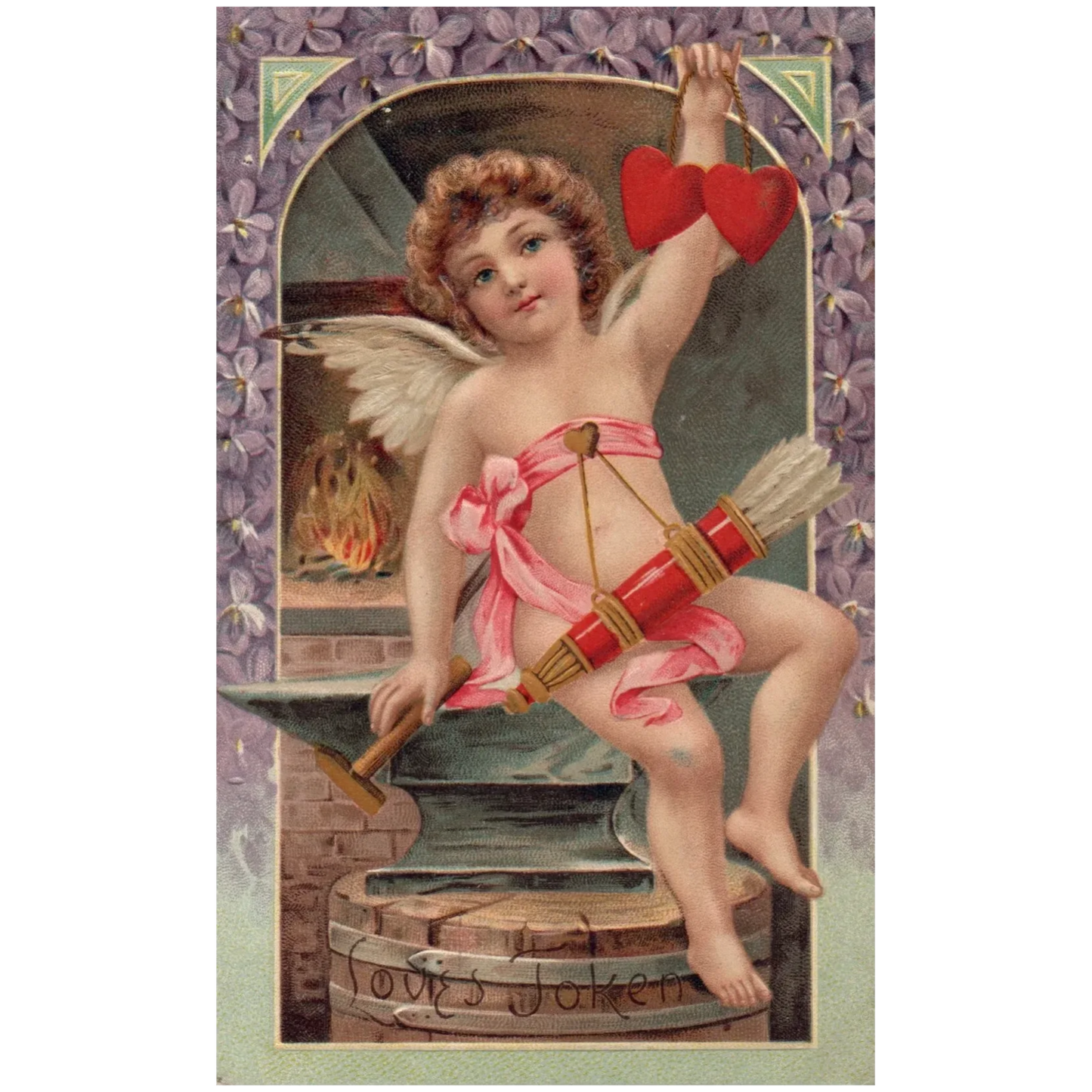 Angel Child With Bow and Hearts Next to Fire Vintage Valentine Postcard