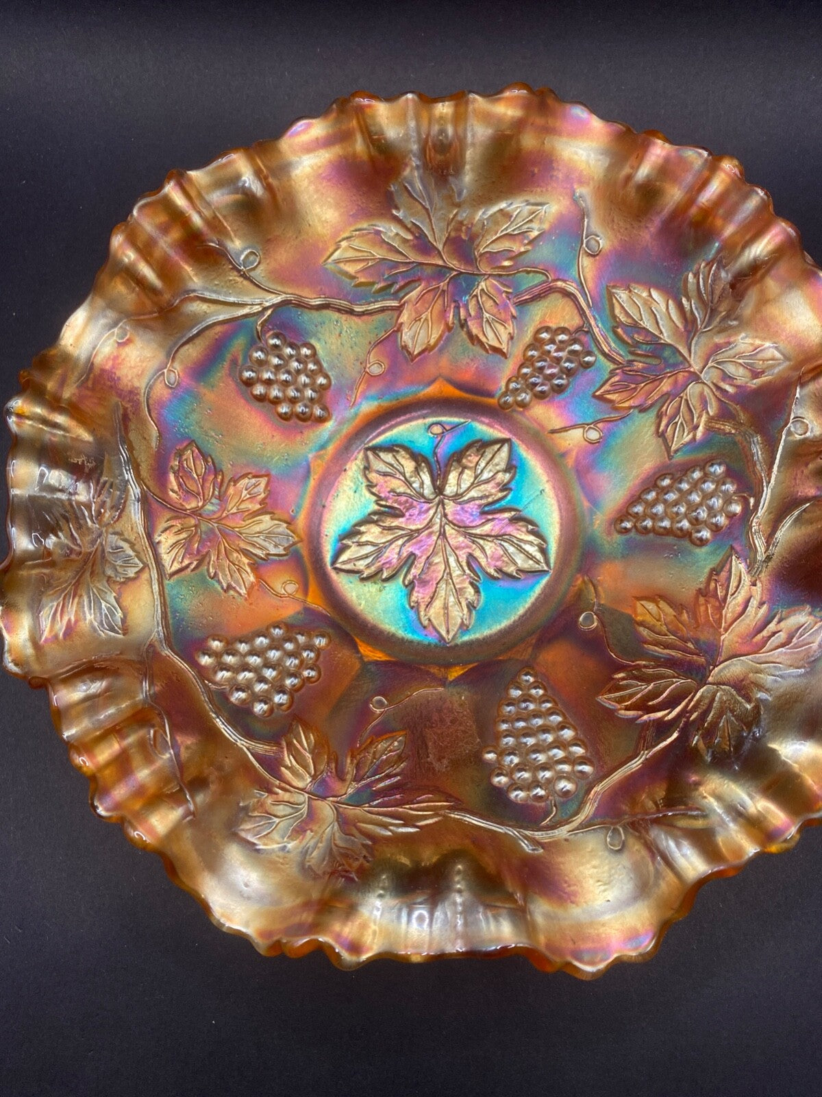 Vintage 8 1/2" Grape Leaves Marigold Carnival Glass Ruffled Edge Bowl Excellent
