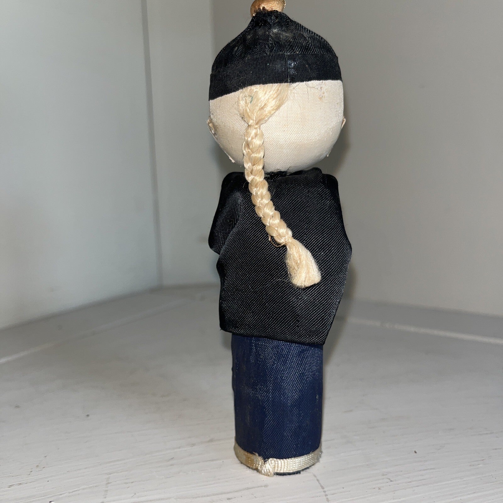 Vintage Asian Chinese Traditional Cloth Doll 6” Silk Hand Painted Black